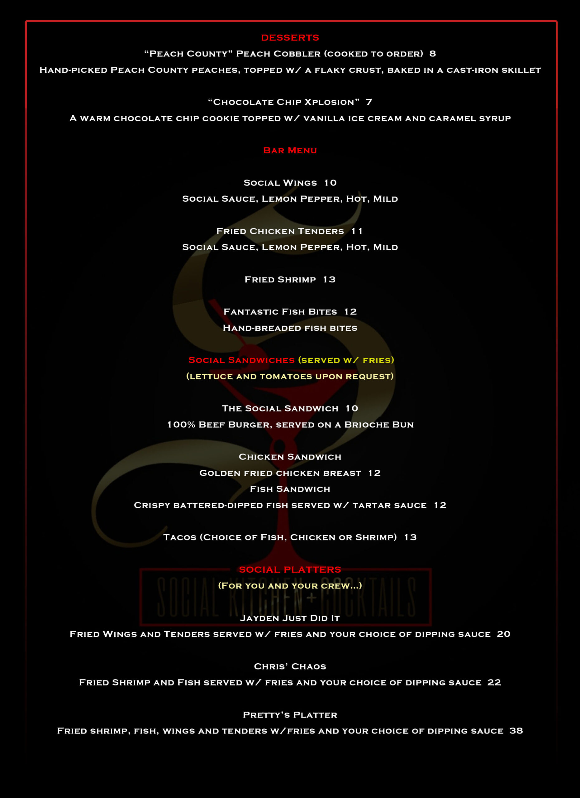 Social Lounge & Bar Menu